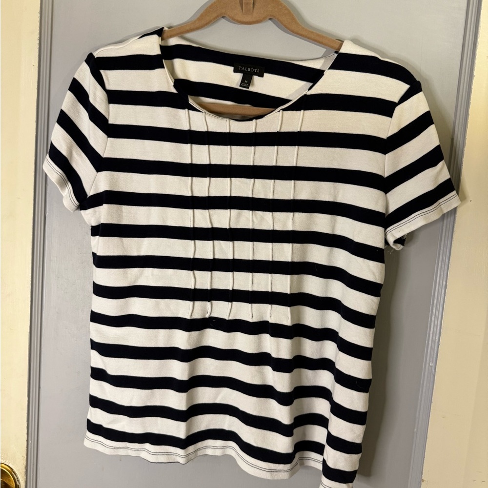 Talbots Black and White Striped Short Sleeve Top